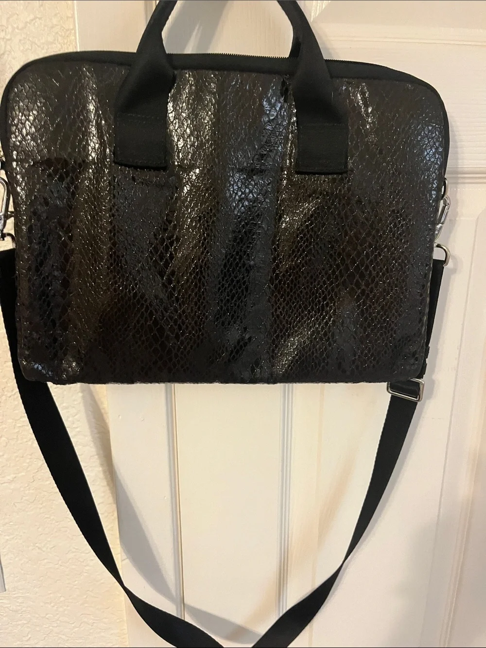 Tumi Black Snakeskin-Texture Laptop Briefcase with Shoulder Strap